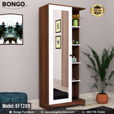A promotional image of a tall, modern dressing table from BONGO. The unit has a dark wood-grain finish with white accents. Its main feature is a sliding, full-length mirror that reveals hidden storage behind it. Next to the mirror is a column of open display shelves, and there is a drawer at the base. The dressing table is shown in a bedroom setting. A "Highest Quality" seal is in the top corner.